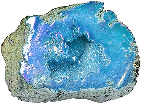 Nupuyai Angel Aura Quartz Geode Stone, Titanium Coated Natural Rock Crystal Cluster Specimen for Reiki Healing Home Decor 100-200g, Blue