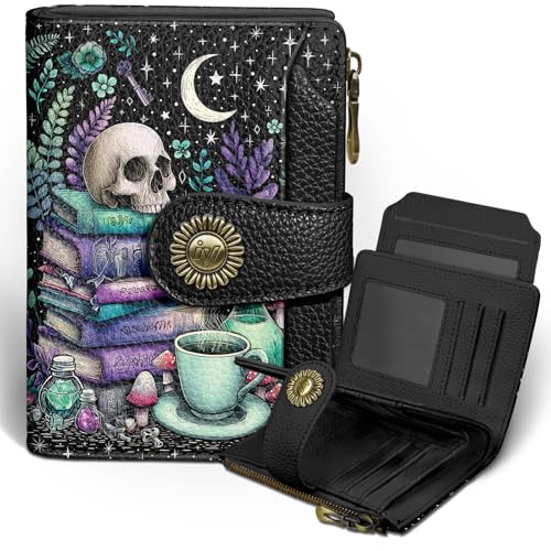 Icycay Goth Gothic Skull Small Wallet Women RFID Blocking Bifold Credit Card Holder Zipper Coin Pocket PU Leather Funny Witchy Compact Travel 4 ID Window 14 Card Slots Cash Purse Ladies Woman