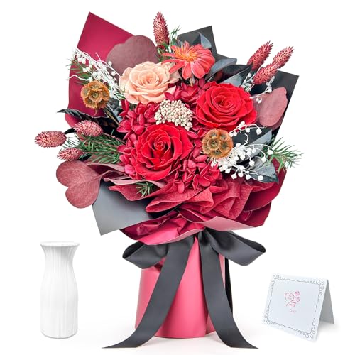 Preserved Flower Bouquet, Red Eternal Real Rose with Vase, Home Decor Natural Genuine Rose Lasts 1-3 Years, Valentine's Day Mother's Day Anniversary Christmas Birthday Gifts for Women Her
