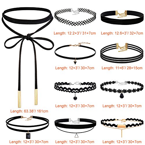 PAXCOO 10 Stück Choker Halskette Set Stretch Samt Classic Gothic Tattoo Spitze Choker für Damen und Mädchen