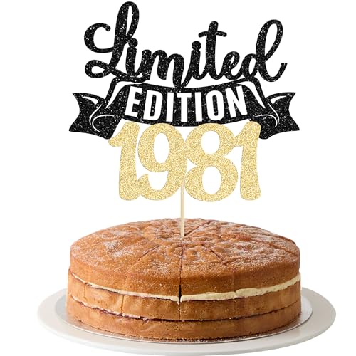 Gyufise 1Pc Limited EDITION 1981 Cake Topper Black Gold Glitter Happy 45th Birthday Party Cake Decoration Supplies Cheer to 45 Years Cake Bunting Decor for 45th Birthday Party Photo Booth Props