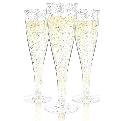 Plastic Champagne Flutes Disposable 100 Pack Silver Glitter Plastic