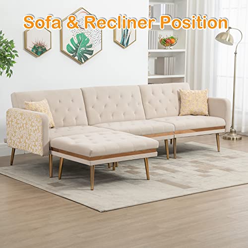 Pvillez Sectional Sofa Futon Sofa Bed Convertible Sleeper Sofa Couch W/Chaise Lounge,Ottoman L-Shape Convertible Couches For Living Room Button Tufted Back Velvet Couch W/Golden Legs #TOP1