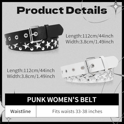 2 Pcs Black Studded Belt, Y2K Belt Star Goth EMO Punk Rock with Bright Pyramid Studded for Women Men (Black White)2