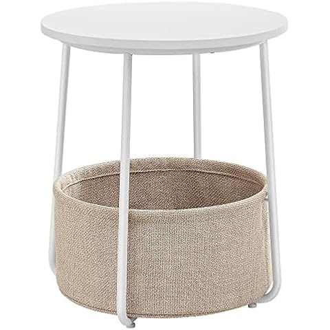 VASAGLE Beistelltisch rund, Kleiner Tisch, Couchtisch klein, Wohnzimmertisch mit Korb aus Stoff, Stauraum für Wohnzimmer, Schlafzimmer, Nachttisch modern, weiß-beige LET223W10 Cover