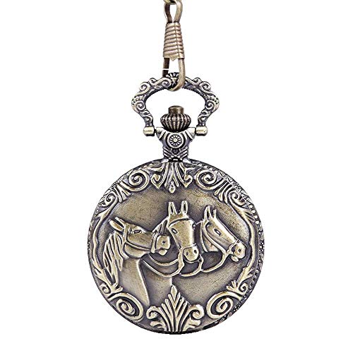 Montre à gousset bronze trois chevaux avec chaîne mince et style vintage nostalgique