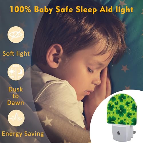 Image of Saint Patricks Day Clover Night Light for Kids,St. Patrick's Day Shamrock Plug in Night Light with Dusk to Dawn Sensor, 0.5w Energy Saving Nightlight for Hallway Stairway Kitchen Bedroom