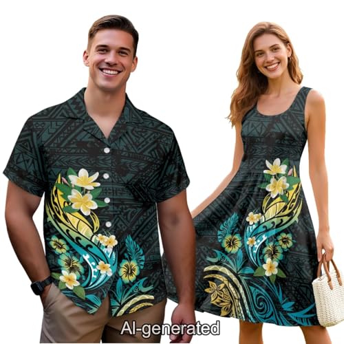 Image of Dreaweet Summer Dresses for Women A-Line Sleeveless Flowy Sun Dresses,Men's Casual Button-Down Shirts,Couple Matching Outfits