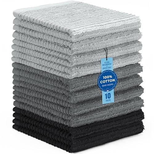 DecorRack 100% Cotton Bar Mop Towels, Kitchen Dish Cloths, Multi-Purpose Cleaning Towels, Ultra Absorbent, Machine Washable, Quick Dry, Gray (Pack of 10)