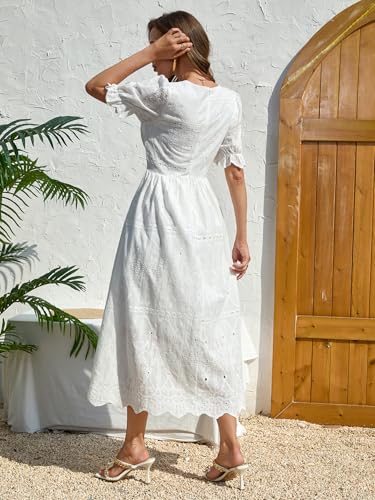 Midi Dress for Women Elegant Dresses Floral Eyelet Puff Sleeve Dress with Cinched Waist Casual Summer Party Dress White4
