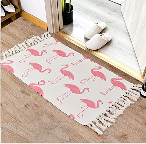 Flamingo Bathroom Rug，2'x3' Red Rugs Runner with Tassels, Small Woven Cotton Kitchen Bath Mat,Throw Rugs for Living Room, Bedroom, Laundry, Kitchen Sink, Doorway, Hallway