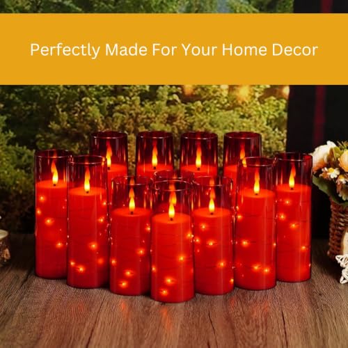 Image of LTETTES Acrylic Fiber Glass Led Candles Set of 12 | Embedded Star String Lights | Flickring Wick | 2 AA Battrey Operated with Remote | Home Decor & Festival | H 5.5'', 6.5'', 7.5'' x D 2.3'' | Red
