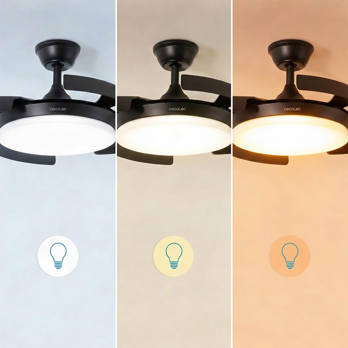 Cecotec Ventilatore da Soffitto con Luce con Pale Retrattili EnergySilence Aero 4500 Puzzle Invisible Black. 30W, Motore DC, Diametro 42", Luce LED, Telecomando, Timer, Funzione Estate/Inverno