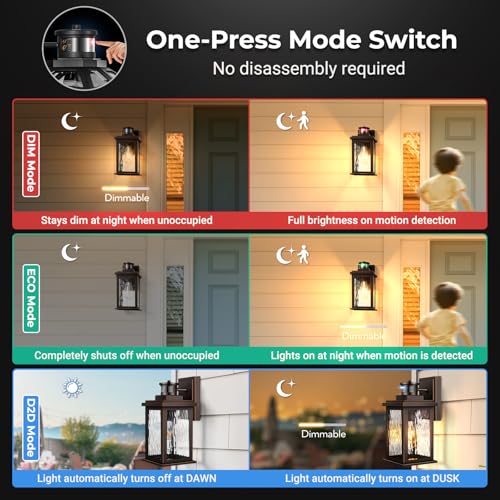Image of VIANIS Motion Sensor Outside Light for House, Aluminum Porch Lights Outdoor | Oil-Rubbed Bronze, Tempered Ripple Glass, Dimmable, Waterproof Outdoor Light Fixtures Wall Mount for Garage, Garden, Entrance