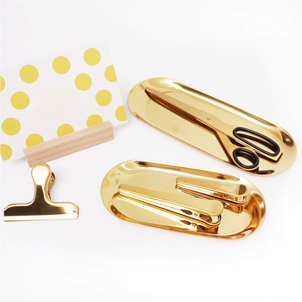 Wisboey 2 Sets Gold Oval Stainless Steel Trinket Tray,Towel Storage Dish Plate Tea Fruit Trays Cosmetics Jewelry Plate - Image 2