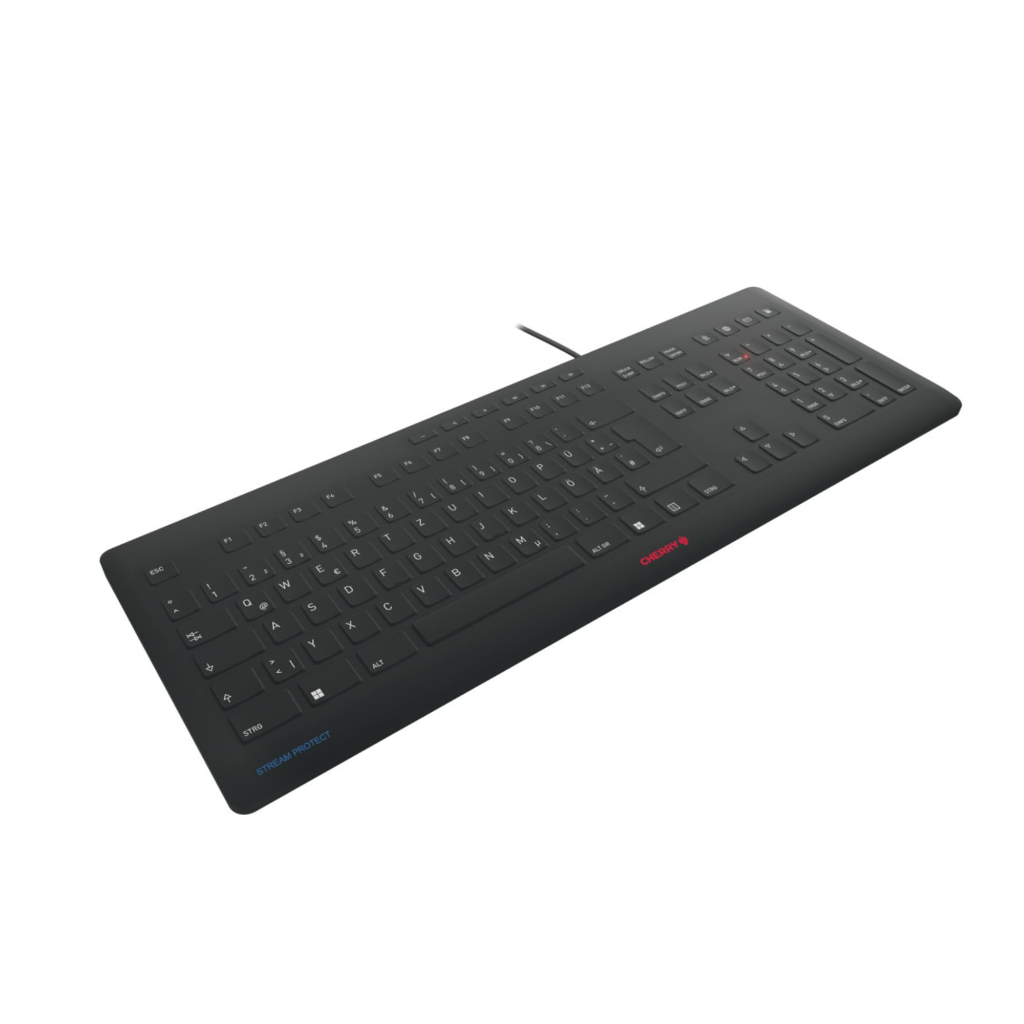 CHERRY STREAM PROTECT KEYBOARD, Kabelgebundene Tastatur mit Abnehmbarem Silikon-Tastaturschutz, Deutsches Layout (QWERTZ), Flach, Desinfizierbar, Schwarz