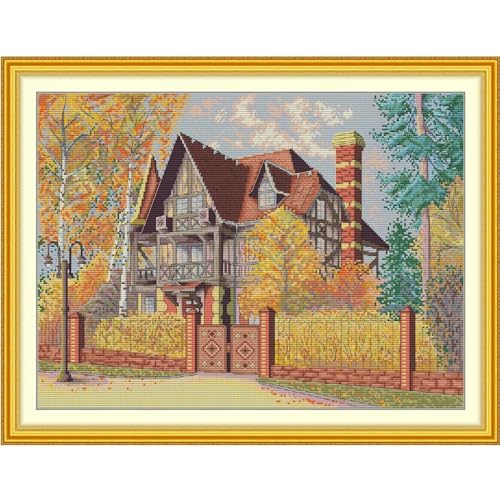 Image of ITSTITCH Stamped Cross Stitch Kits - Full Set of Embroidery for Beginners or Adults,14 CT 2 Strands DIY Autumn Yard Patterns Counted Arts Craft 19.7x15 inch