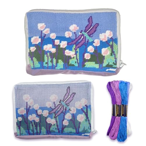 Howies Needlepoint Wallet Needlepoint Kits 14CT Printed Pattern Starter Kits Stamped Patterns Canvas Kits(Dragonfly Over Water Reeds 7x4.75 inch)
