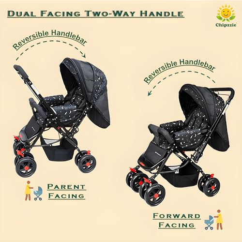 Image of Ezy Go+ Baby Stroller Pram with Mosquito Net | Reversible Handle, Full Recline & Foldable | All-Terrain 360Swivel Wheels, Safety Harness, Large Storage Basket | Thick Cushion Seats for Newborns to Toddlers 0-3 years (Black - Stars)