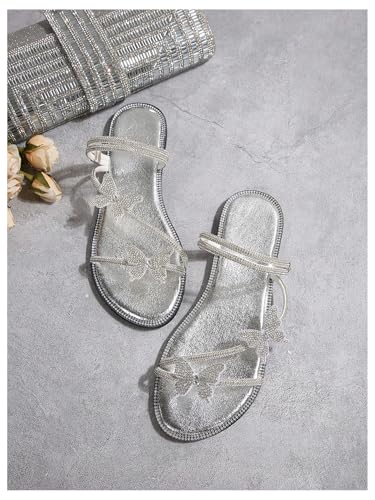 Image of OYOANGLE Women's Silver Rhinestone Sandals Sparkly Dressy Flat Sandals