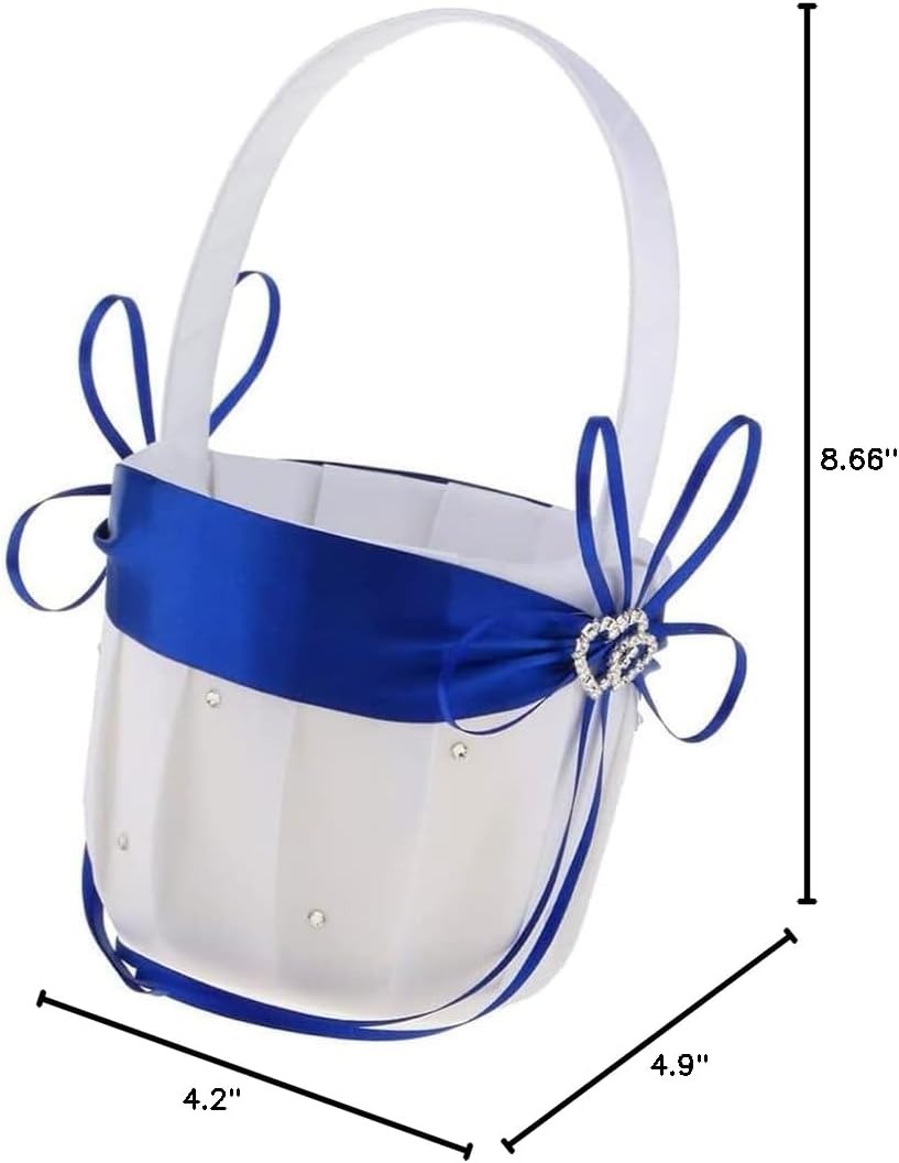 2PCS Wedding Flower Girl Baskets,White Satin Flower Storage Basket with Double Heart Rhinestone Craft for Engagement Ceremony Party Decor (Lavender)