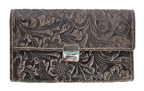 Preisvergleich Produktbild Feminine Damen Kellnerbörse Geldbörse lang, ölgeprägtes Vollrindleder Jockey Club Florale Motive, Ranken und Blüten (Braun)