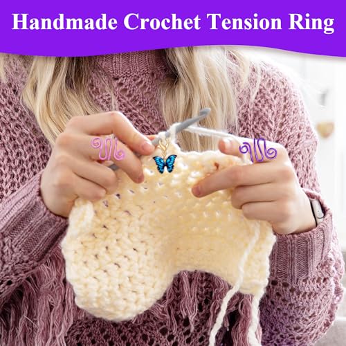 Image of HUISUYTON 4Pcs Handmade Crochet Tension Ring, Adjustable Crochet Tension Ring for Finger, Metal Open Yarn Guide Crocheting Loop Ring, Gifts for Crocheters Knitters Mother Grandma