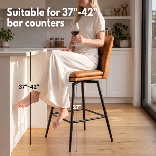 Butacos de barra GrandNoor marrones, altura de asiento 27 pulgadas, con respaldo y patas metálicas, giratorios 360°, tapizados en cuero sintético, juego de 2 miniatura 3