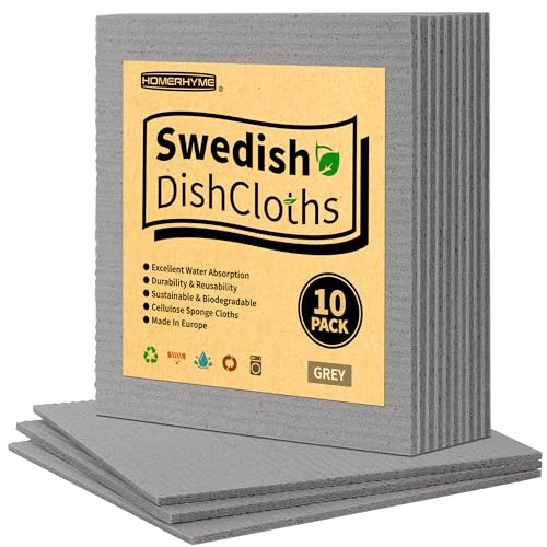 HOMERHYME Swedish Dishcloths, 10 Pack Absorbent Dish Towels for Kitchen, Multipurpose Cellulose Sponge Cloths, Reusable Washable Towels for Home & Kitchen, Grey