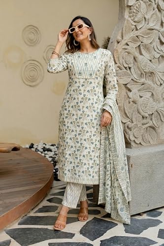 Image of MIRCHI FASHION Pure Cotton Women Straight Print & Thread Embroidery Kurti Set with Dupatta & Pant