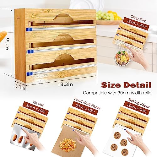 Dozownik folii bambusowej 3 w 1 z nożem, organizer do przechowywania folii aluminiowej, folii samoprzylepnej, papieru pergaminowego, dozownika folii blaszanej do szuflady szafki kuchennej,