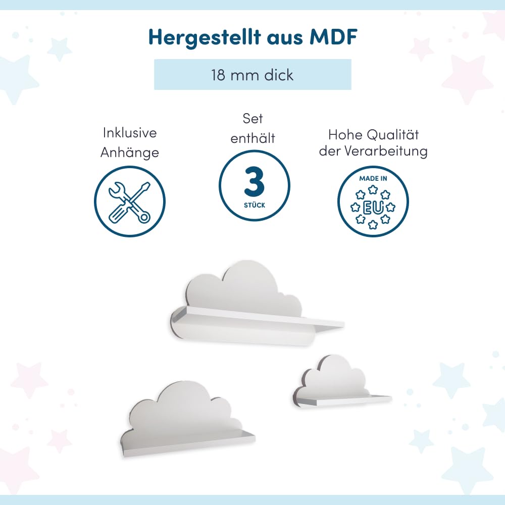 3er Set Wandregal Kinderzimmer Weiß | Babyzimmer Wolkenregal für Bücher, Spielzeug, Dekoration | Regal Wolke aus Holz | Skandinavischen Stil | Schweberegal Wanddeko Ibiza- Elegance
