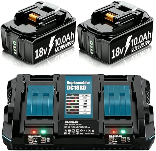 DC18RD Ladegerät mit 2 X 10000mAh Akku Ersatzakku für Makita Akku 18V und Ladegerät BL1850 BL1850B BL1830 BL1860B BL1845 BL1835 BL1815 194205-3 LXT-400 BL1860 10.0Ah Akku with LED