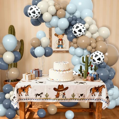 Image of Amandir 153pcs Cowboy Balloon Arch Garland Kit Different Sizes | 18 12 10 5inch Dusty Blue Brown Sand White Cow Print Balloons for Cowboy Shower Rodeo Farm Western Birthday Party Decoration