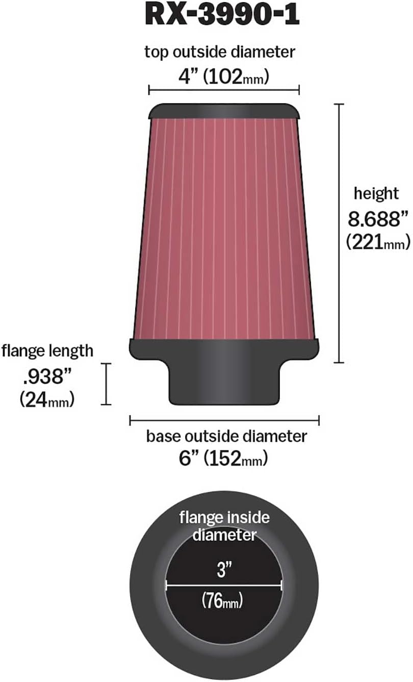 K&N High-Flow Original Lifetime Universal Clamp-On Air Filter: Performance, Premium, Washable: Flange Diameter: 3 In, Filter Height: 8.688 In, Flange Length: 0.938 In, Shape: Round Tapered, RX-3990-1