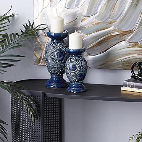 Deco 79 Blue Ceramic Candle Holder Set Cover