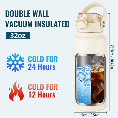Image of OLDLEY 32oz Insulated Water Bottle with 2-in-1 Straw & Chug Lid, Leakproof Stainless Steel Bottle, Double Wall Vacuum Insulated Water Bottle for Sports, Gym, Travel,Ivory