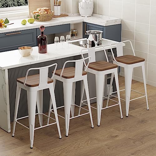 Image of WENTMENT Bar Stools Set of 4 Counter Height Metal Barstools with Removable Back 30 inch Kitchen Bar Stools with Wooden Seat,Off White