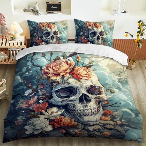 AILONEN Goth Skull Duvet Cover Set Queen Size,Abstract Flower Skeleton Quilt Cover,Retro Graffiti Skull Comforter Cover & 2 Pillowcases,Soft Lightweight