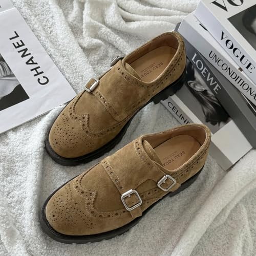 Image of BEAU TODAY Womens Leather Loafers, Monk Platform Loafer Shoes | Cowhide, Brogue Wingtip, Slip-on, Chunky Heel, Comfortable, Non-slip Durable, Business Casual Office Dress Shoes