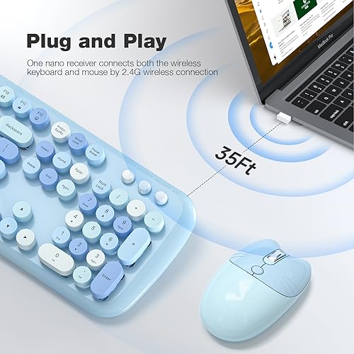 Image of KNOWSQT Wireless Keyboard and Mouse Combo Pale Blue - Colorful 104 Key 2.4G Round Keycap Typewriter Keyboards, USB Dongle Plug and Play, for Laptop, Windows, PC, Mac, Desktop