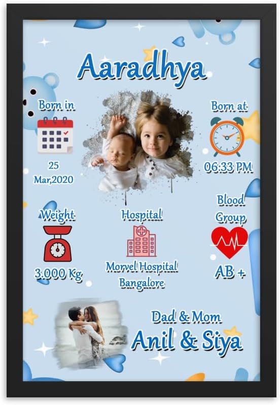 Ibgyor Personalized Born Baby Memory Collage photo Frame | Customizable with Baby’s Name | Birth Details and Photos | Ideal for Baby Showers | Newborn Gifts | First Birthday Keepsake -BLCKBRNBBYBOY(10x15)