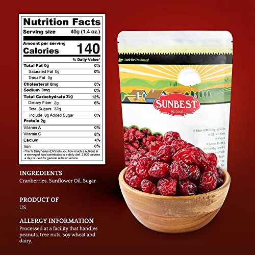 Sunbest Natural - Dried Cranberries, Dried Fruit Unsulfured Cranberries, Whole Cranberries, Sweet Dried Cranberries, Pure Dried Fruit, Non-Gmo, Vegan, 3 Lbs. #TOP3