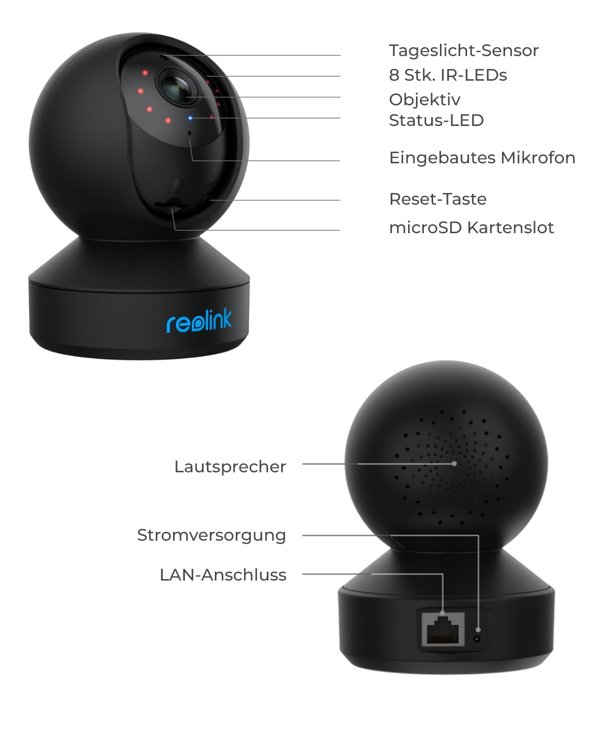 Reolink 2K WLAN Kamera Indoor, Hund Haustier Kamera Babyphone | 355° Schwenk & 50° Neigung, IR-Nachtsicht, 2-Wege-Audio, Baby Monitor mit Personen-/Haustiererkennung, E1 Schwarz