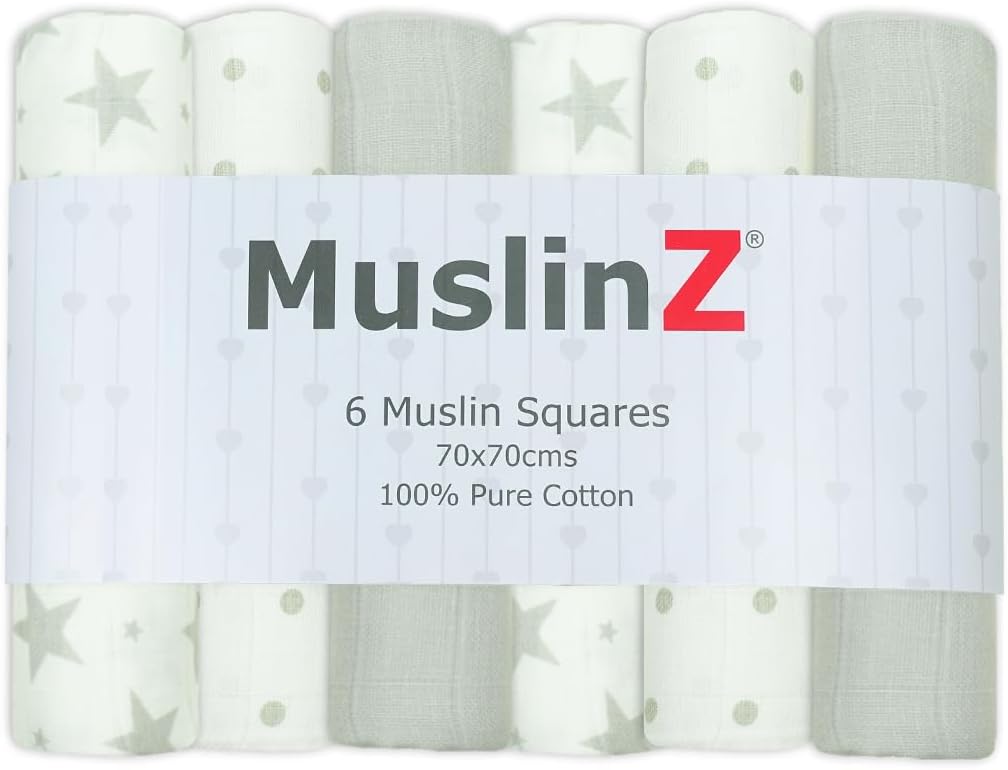 MuslinZ- 6 pack Muslin Squares Baby Burp Cloths 70x70cms Perfect for Newborns, multi-use, Oeko-Tex standard 100, UK brand. (Grey Star, 70x70 cm (Pack of 6))