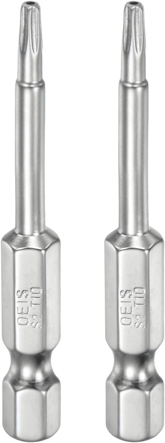 2pcs T10 Security Torx Bit 1/4" Hex Shank 2" Long S2 Steel Magnetic Tamper Resistant Star Bits Screwdriver Torx Head with Hole for Driver Drill Bits Remove Fastening Screws