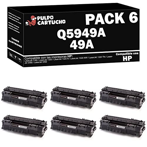 Pulpo Cartucho   Toner Q5949A Negro Compatible con HP Q5949A / Ref. 49A   Pack 6   Valido para Impresoras Laserjet 1160/1320 / 1320 N / 1320 NW / 1320 TN / 3390/3392