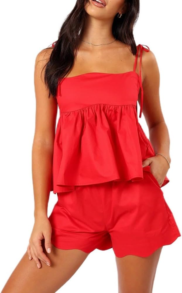 ROAONOCOMO Women 2 Piece Lounge Shorts Set Spaghetti Strap Peplum Cami Top Babydoll Pj Set Casual 2 Piece Pajama Outfit