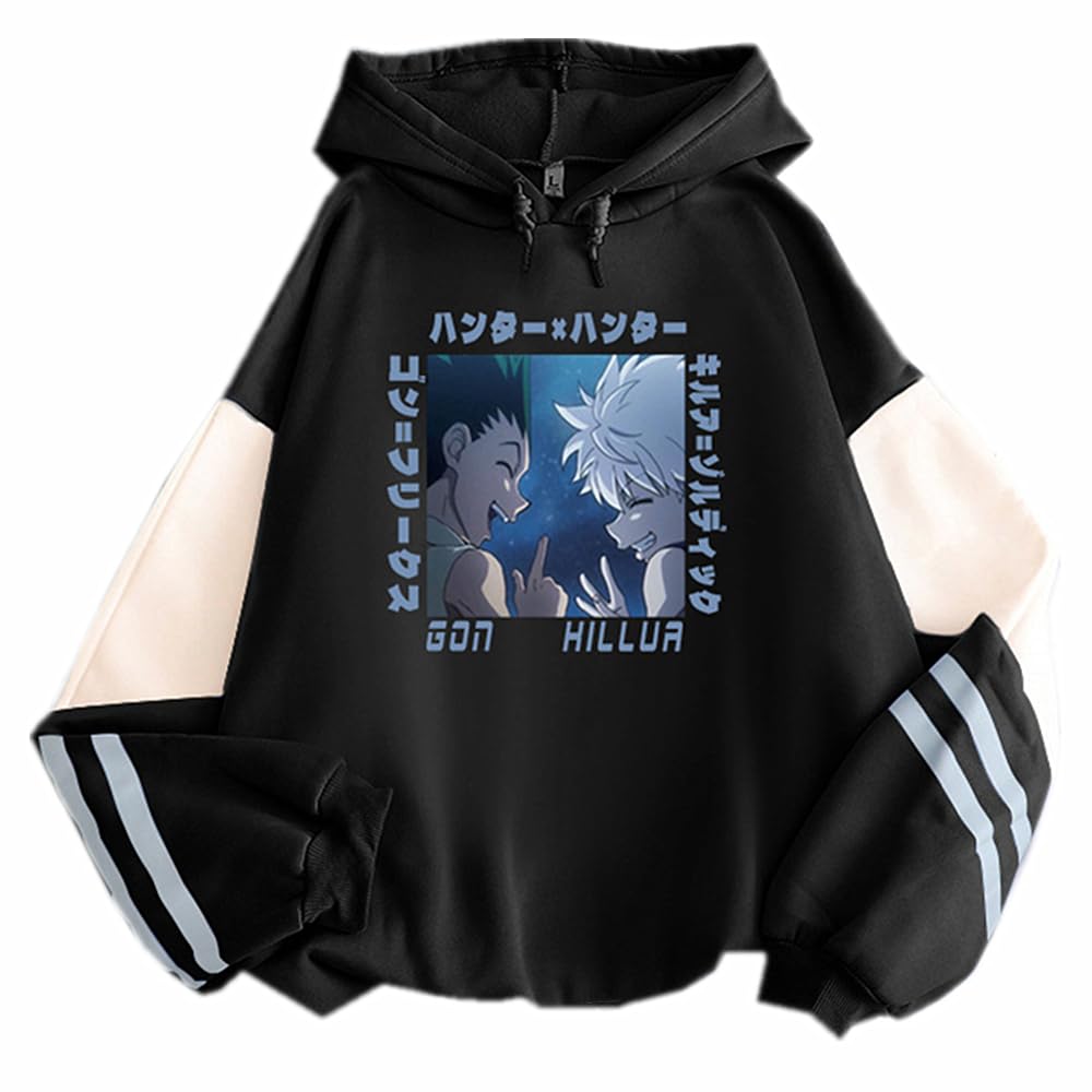 Charous Unisex Black Anime Hunter×Hunter Cosplay Killua Gon Cartoon Print Hoodie Splicing Color Soft Sweatshirt Used For Manga Fans