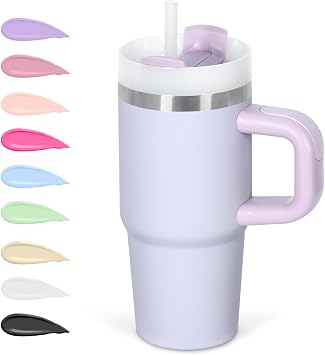 Cosictic 14 Oz Tumbler with Handle and Straw for Kids, Stainless Steel Double Wall Vacuum Insulated Cup for Children, 14 Oz Cups for Kids Purple